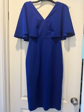 Betsy & Adam Cobalt Blue V-Neck Midi Dress with Capelet Sleeves